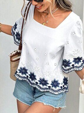 Blue And White Boho Women's Vacation Casual Floral Embroidery Tie Back Blouse